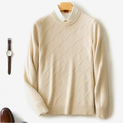 Seldon light gray cashmere crewneck sweater with diamond knit pattern, lightweight luxury layering