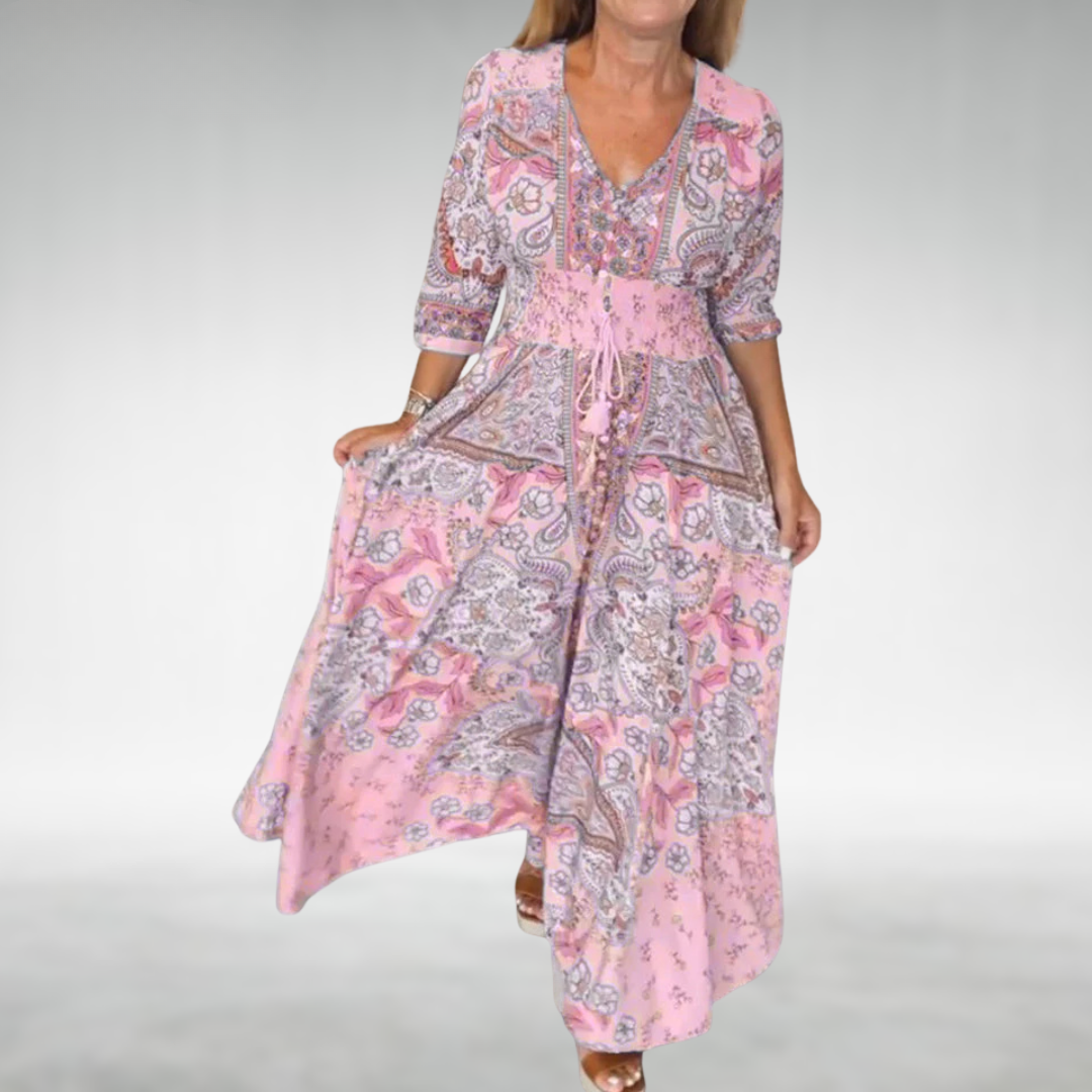 Women's boho flowy maxi dress in soft draped silhouette, bohemian cocktail style with feminine flowing lines