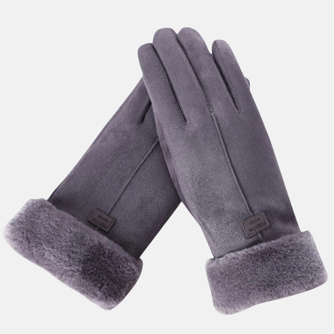 Women's slim fit wrist-length suede-like gloves with plush faux fur cuffs, touchscreen compatible