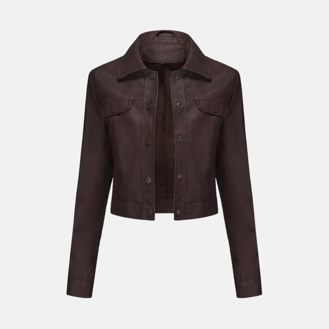 Women's cropped structured jacket with woven texture, snap front closure, and sharp point collar