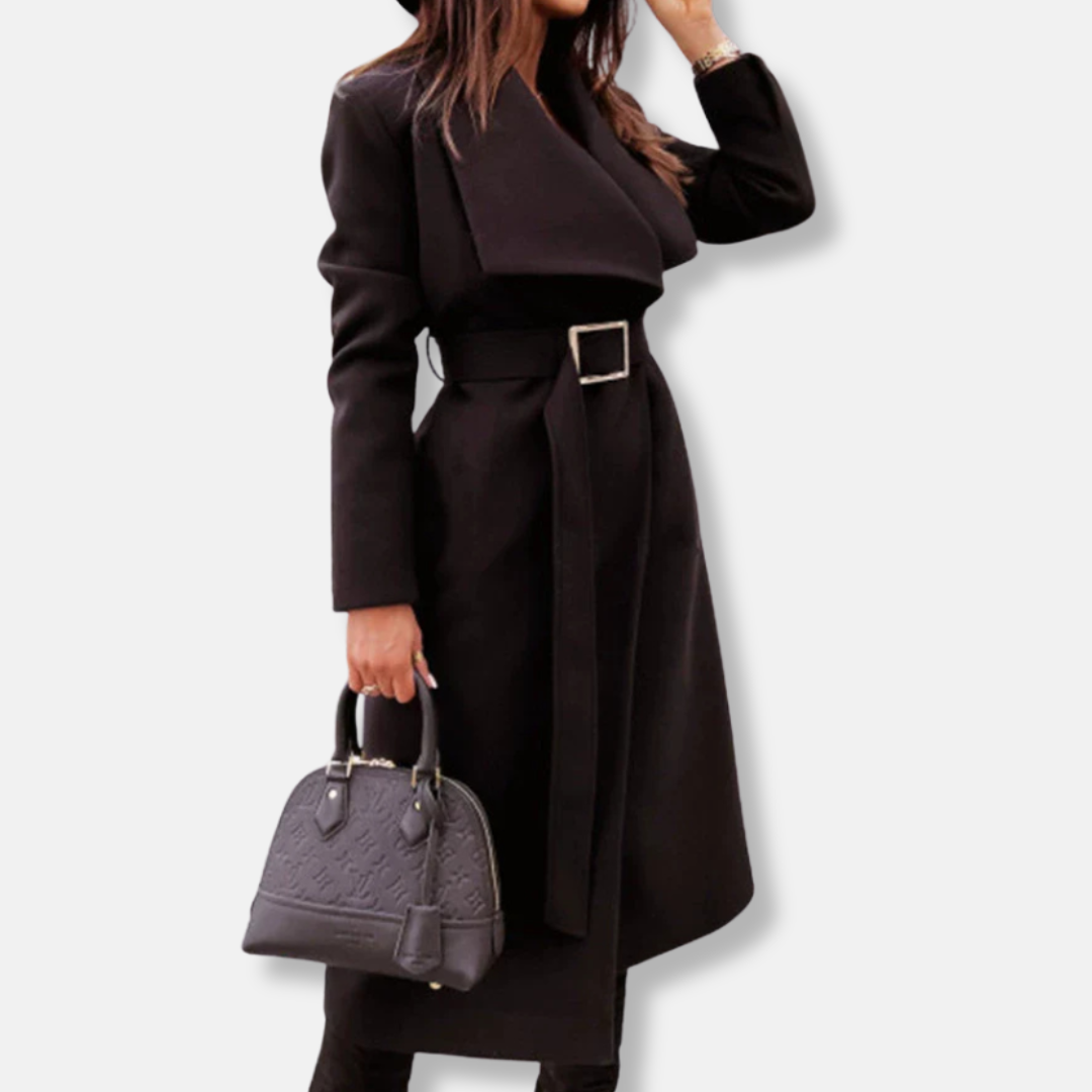 Women's longline belted coat with draped lapels, gold buckle accent, tailored fit for modern professionals