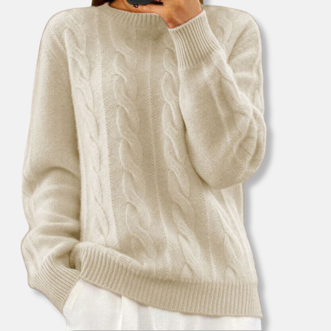Women's ivory relaxed fit cable knit crewneck sweater with long sleeves and textured wool-cashmere blend