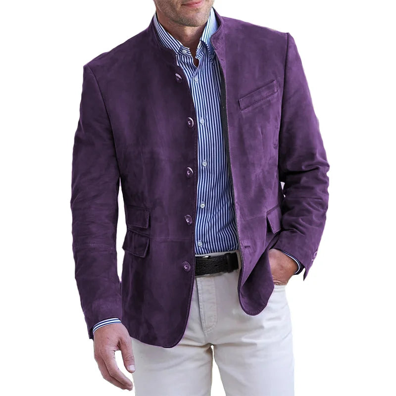 Men's slim fit suede-style blazer in neutral tone with stand-up collar for office to evening wear