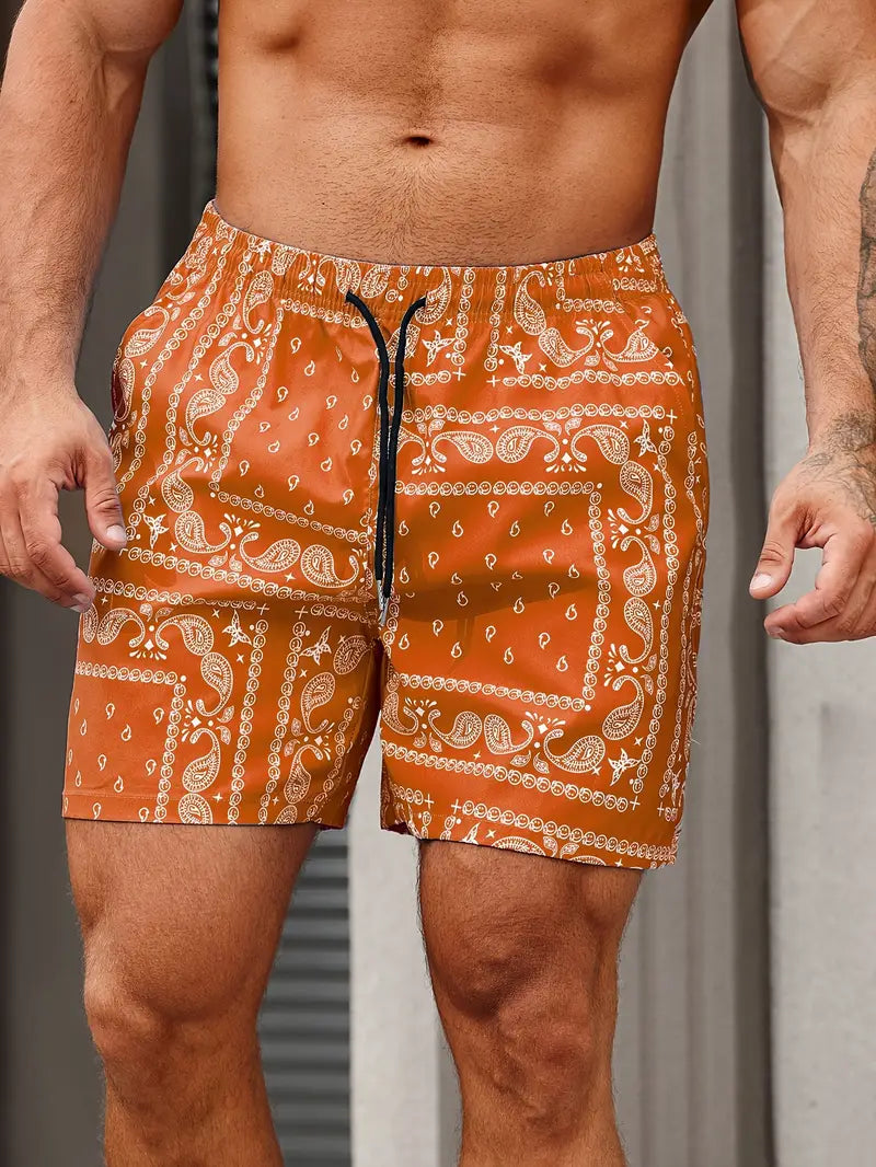 Men's bandana print swim shorts mid-thigh relaxed fit quick-dry beach pool wear