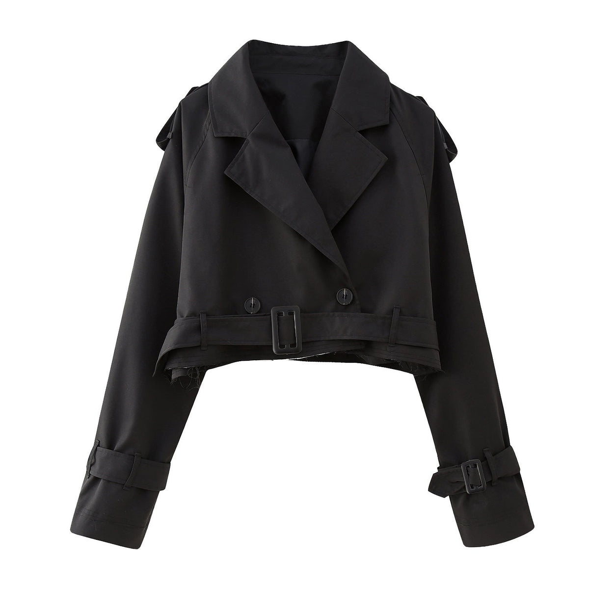 Women's beige cropped double-breasted trench coat with waist-defining silhouette for city chic style