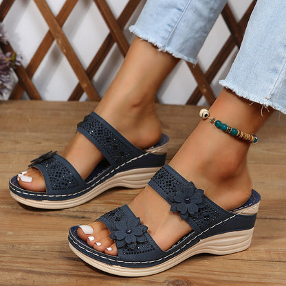 Women's floral wedge slides with cushioned sole, delicate accents, effortless feminine style