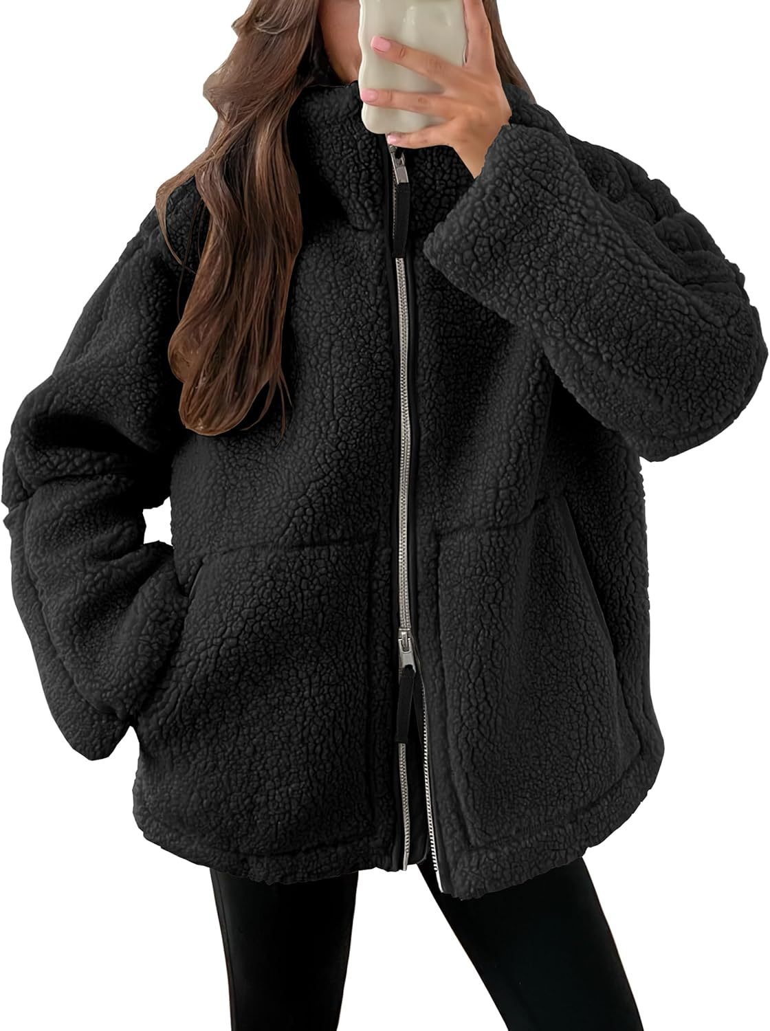 Women's wool blend zip-up jacket in neutral tone, relaxed modern fit with lapel collar winter coat