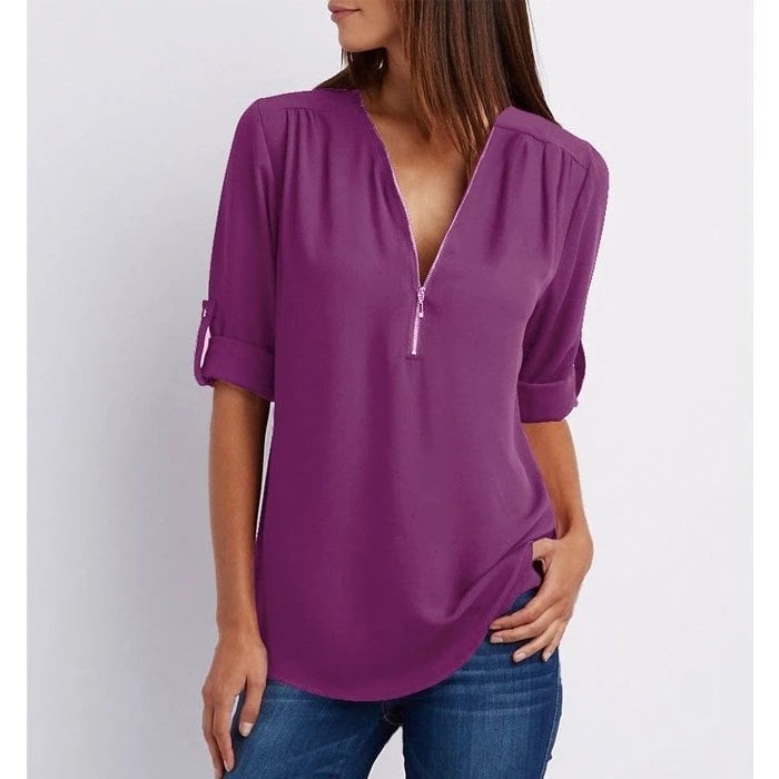 Women's casual blouse zip-up V-neck half sleeve relaxed fit versatile top in solid color