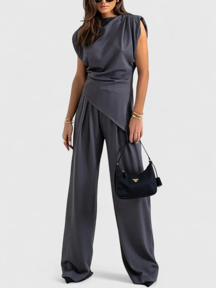 Cream draped two-piece set wide-leg pants asymmetric top women's occasion outfit