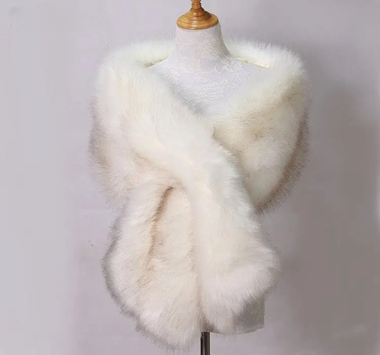 Ivory wrap shawl with plush faux fur trim, elegant shoulder coverage for formal occasions