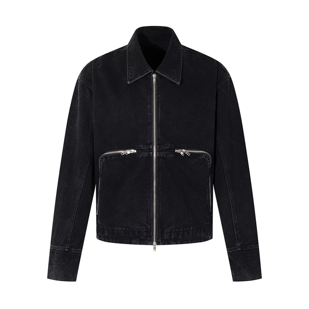 Blue cropped denim moto jacket with dual zipper pockets, turndown collar, and relaxed loose fit