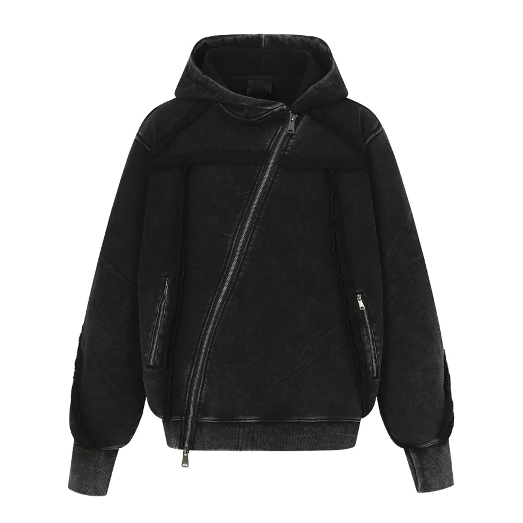 Washed cotton loose fit hoodie with angled zipper and raw seam detail in neutral tone
