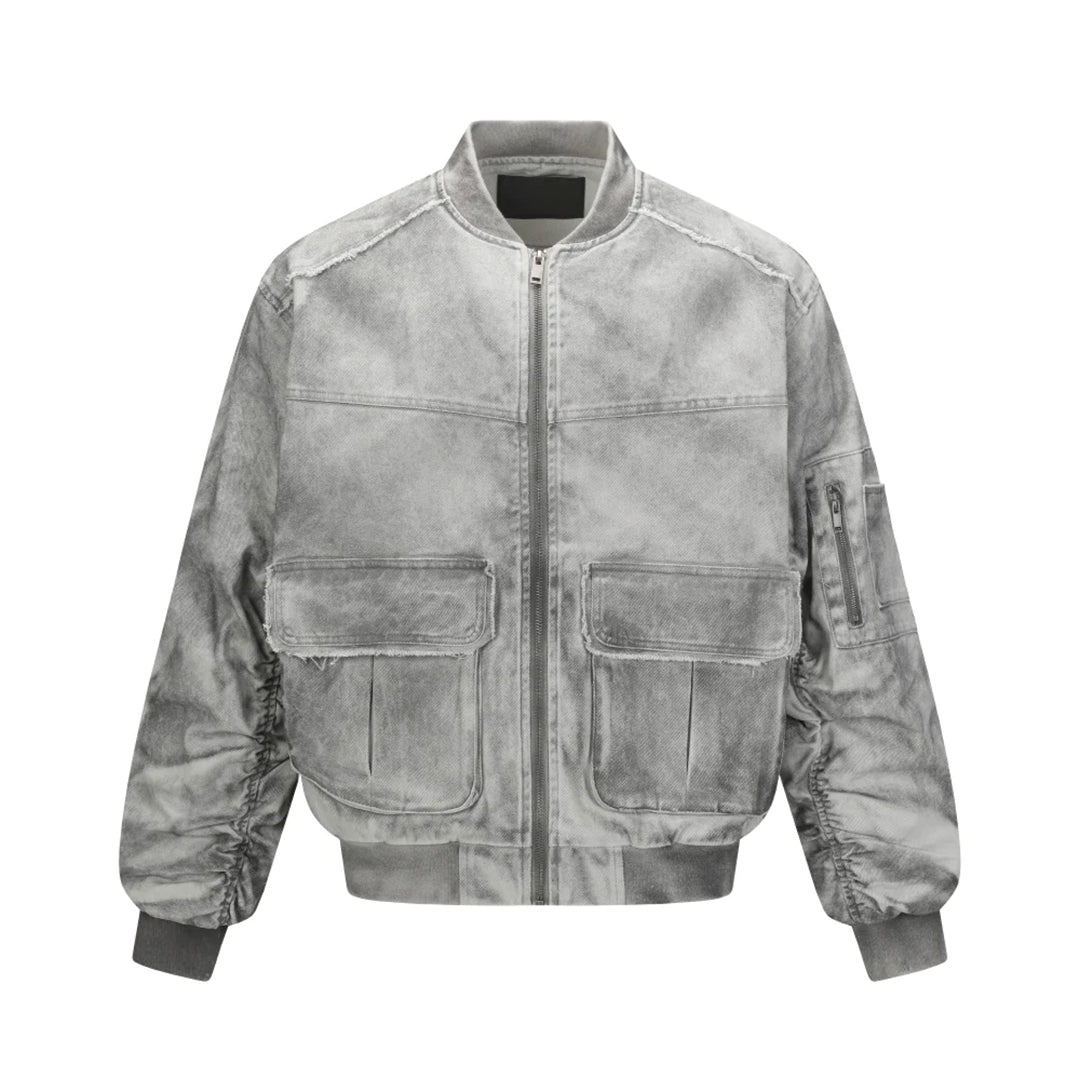 Washed cotton cargo jacket with pleated sleeves, patch pockets, stand collar, relaxed fit