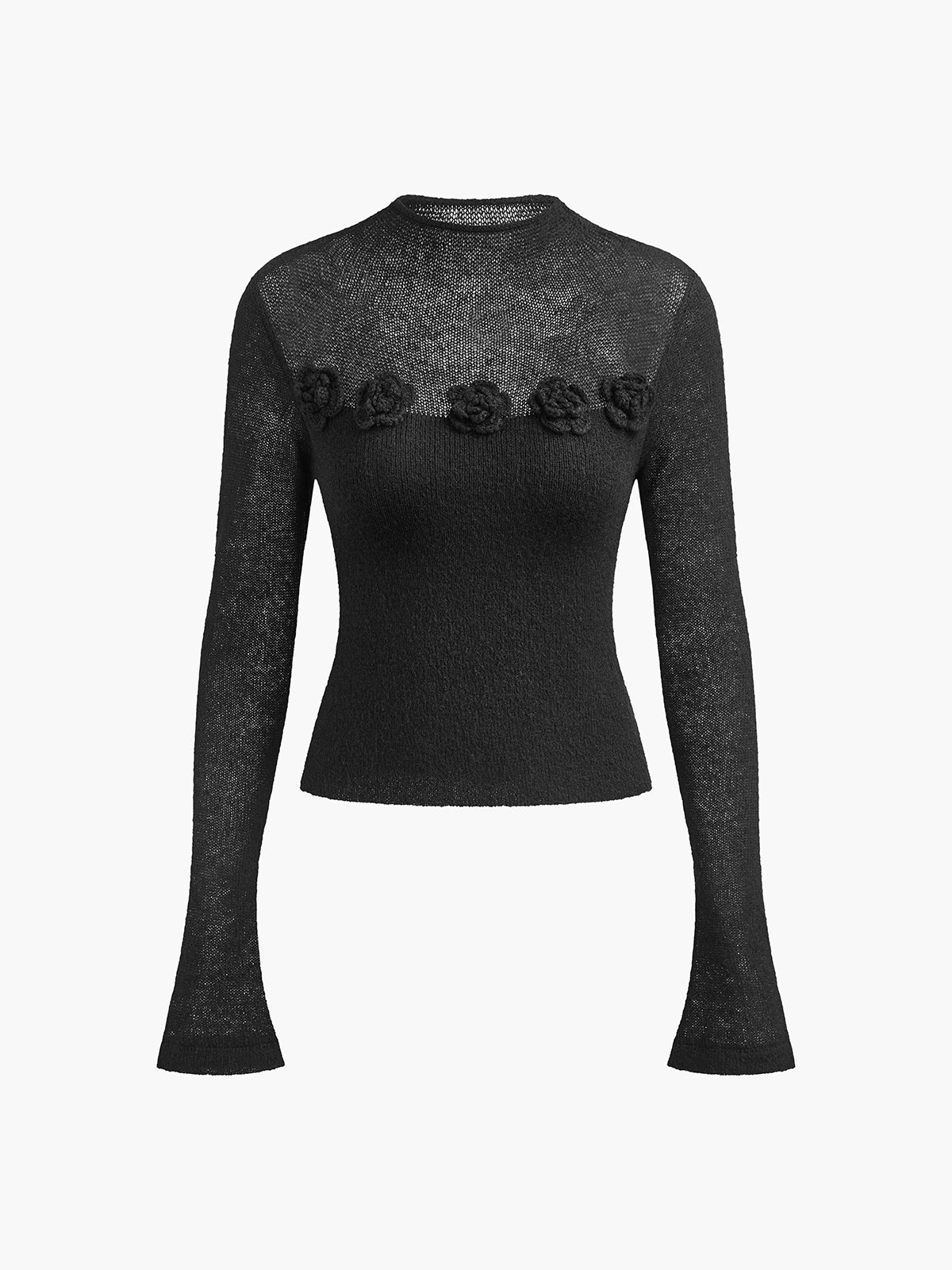 Slim fit elegant jacquard knit top with 3D floral panel detail in soft woollen blend fabric