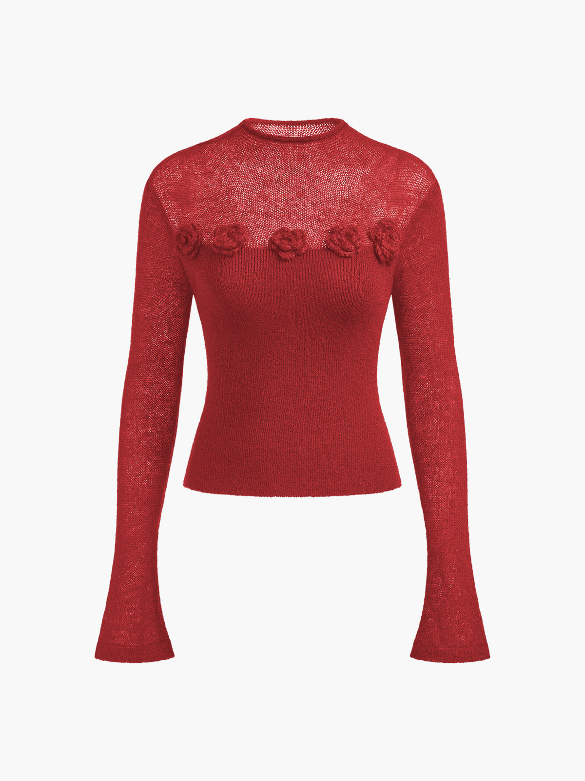 Slim fit elegant soft knit top with 3D floral jacquard panel detail in woollen blend fabric
