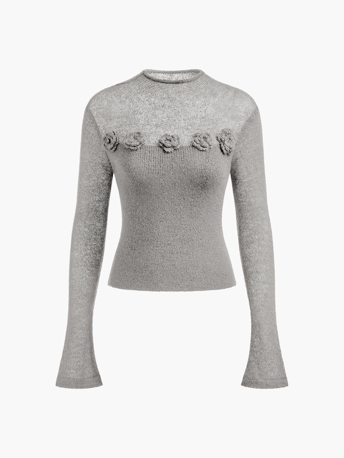 Slim fit soft knit top with elegant 3D floral jacquard panel in woollen blend fabric