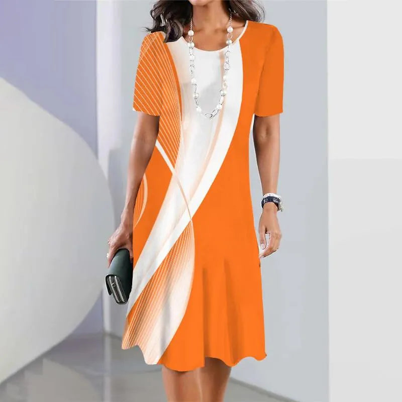 Vivid women's print midi dress short sleeve A-line casual with bold color-block stripe pattern