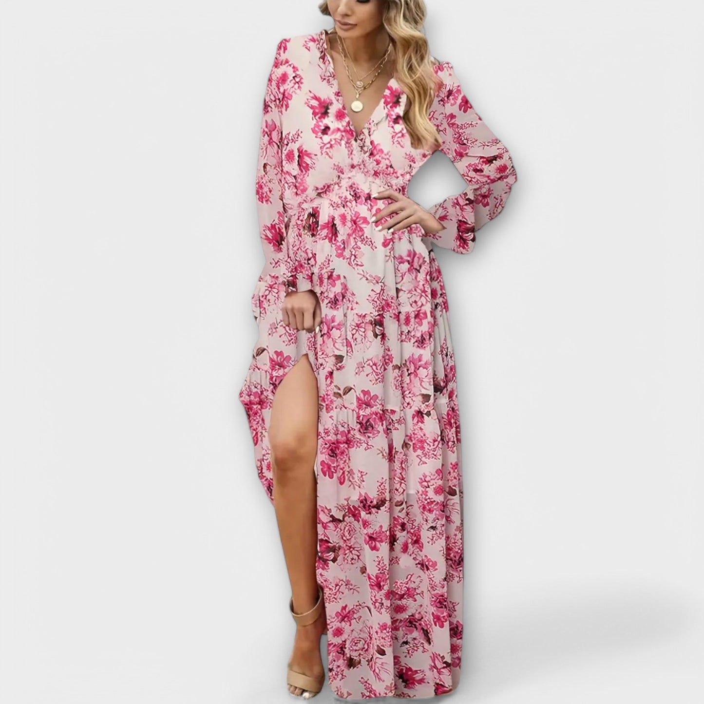 Floral V-neck maxi dress in romantic print, flowing silhouette with flattering fit for effortless elegance