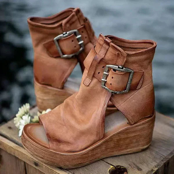 Boho wedge sandals with buckle strap, comfort cushioning, neutral tan leather, open-toe silhouette
