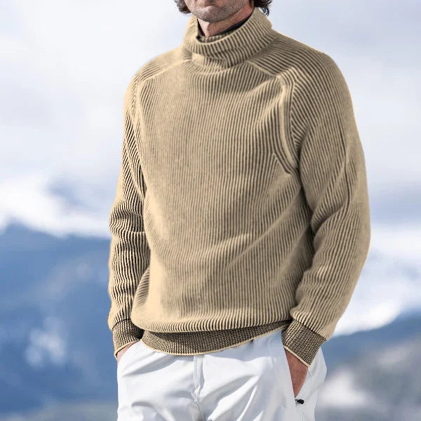 Men's ribbed turtleneck sweater in neutral tone, slim casual cut with structured high collar for warmth
