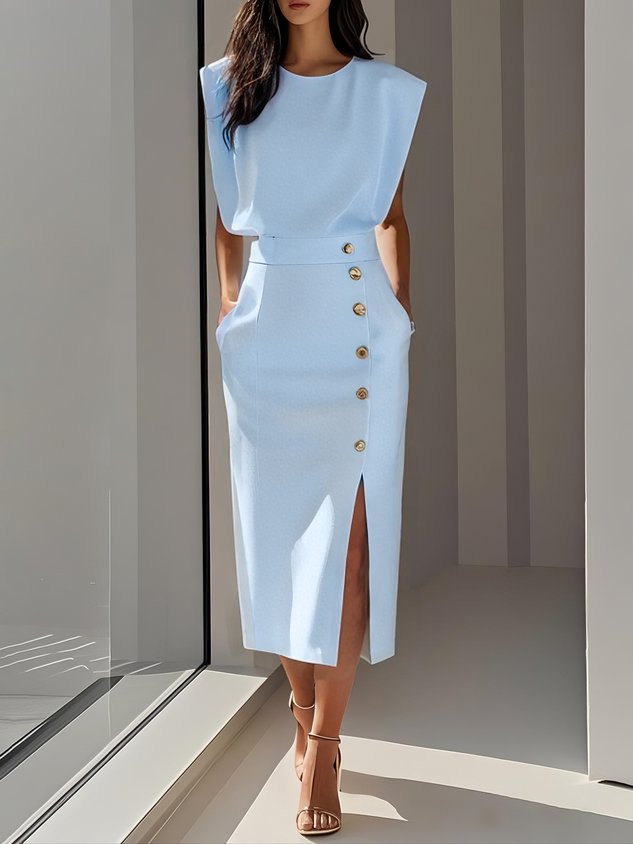 Elegant midi dress with round neckline, button slit detail, feminine silhouette in timeless style