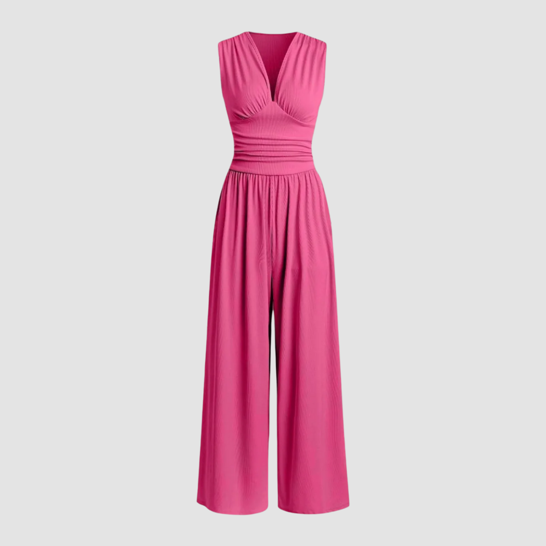 Black sleeveless wide-leg jumpsuit in ribbed stretch fabric with flattering tailored silhouette