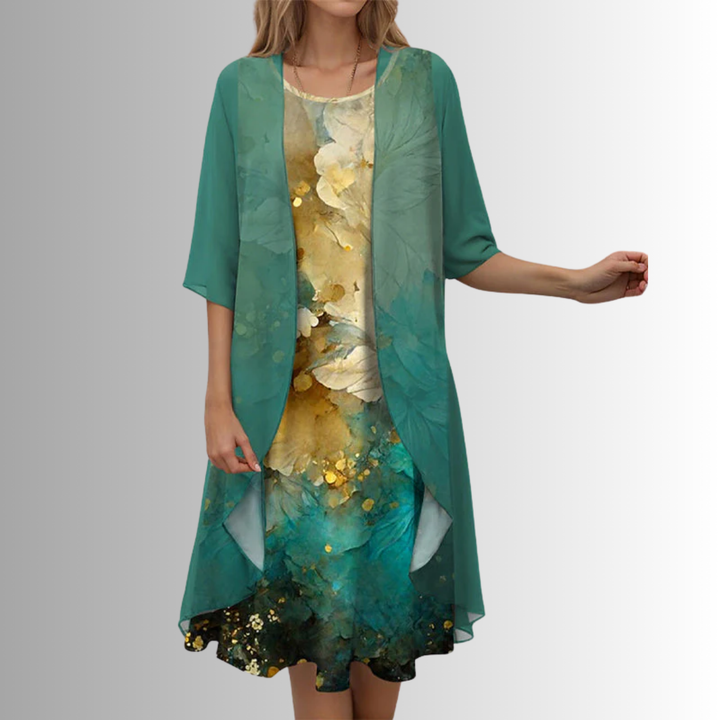 Elegant 2-piece floral set blouse over flowy dress lightweight short-sleeve summer coordination
