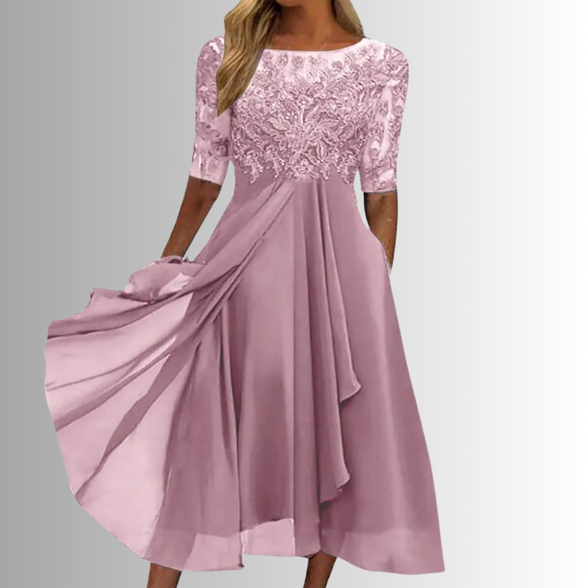 Elegant white lace dress with delicate lace bodice, timeless formal style for special occasions