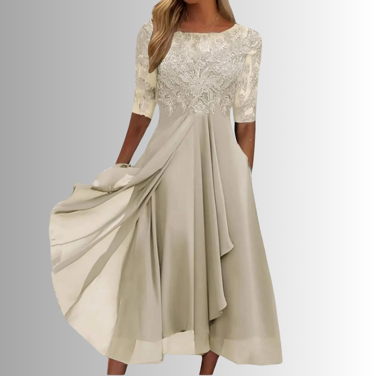 Elegant white lace midi dress with delicate floral lace bodice and timeless feminine silhouette