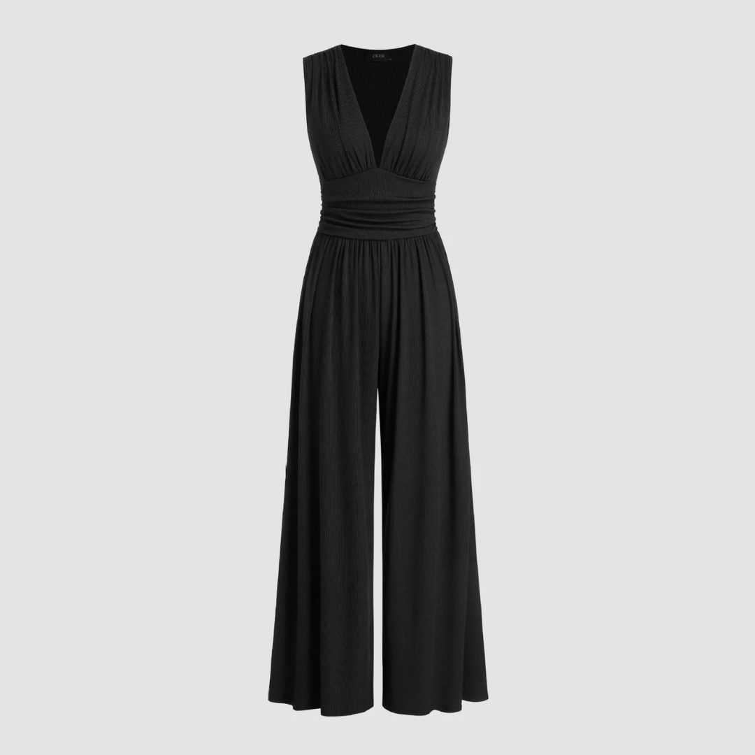 Black sleeveless wide-leg jumpsuit in ribbed stretch fabric with flowing tailored silhouette