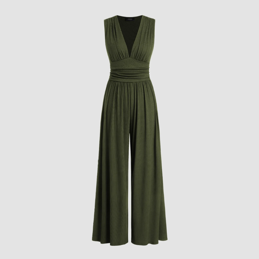 Black sleeveless wide-leg jumpsuit in ribbed stretch fabric with flowing tailored silhouette