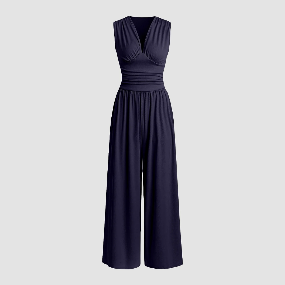Black sleeveless wide-leg jumpsuit in ribbed stretch fabric with flowing tailored silhouette