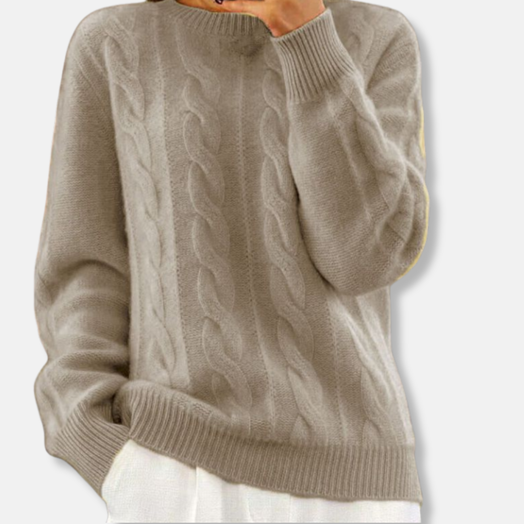 Women's cream cable knit crewneck sweater relaxed fit wool cashmere blend long sleeve
