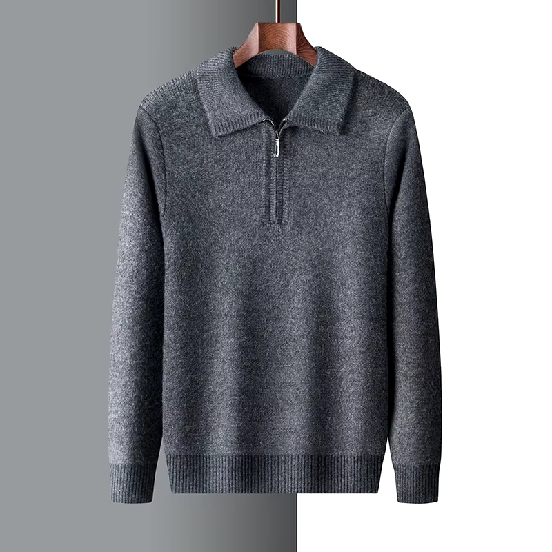 Men's regular fit soft knit sweater with short zip and flat collar in neutral tone