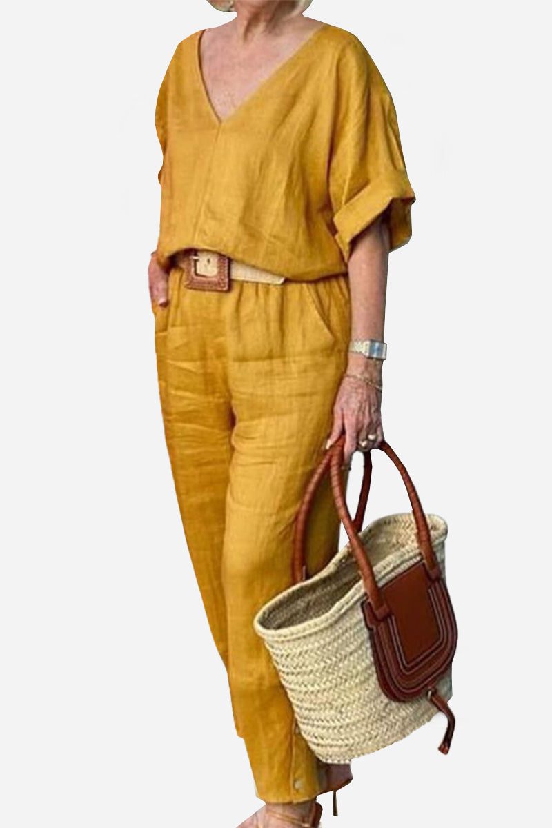 Women's red batwing V-neck top and straight-leg pants matching set with tailored fit