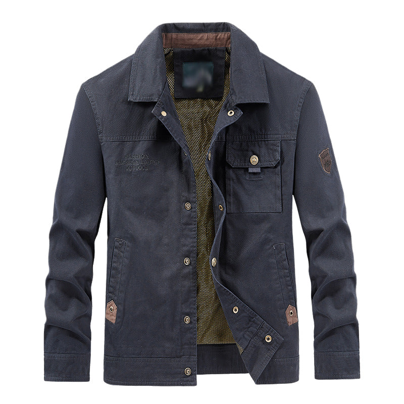 Men's casual work jacket in neutral tones, relaxed fit with snap button front, breathable cotton blend