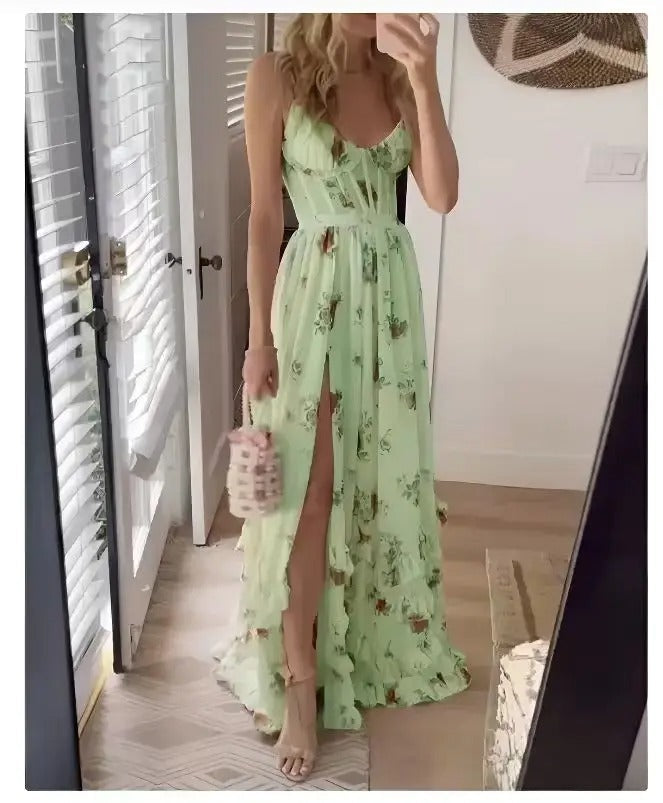 Women's floral midi dress in soft pastel tones, V-neckline, flowy A-line silhouette for wedding guest