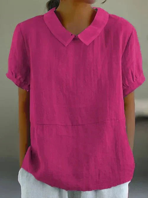 Sky blue linen-look casual top with contrast white Peter Pan collar and cuffed short sleeves
