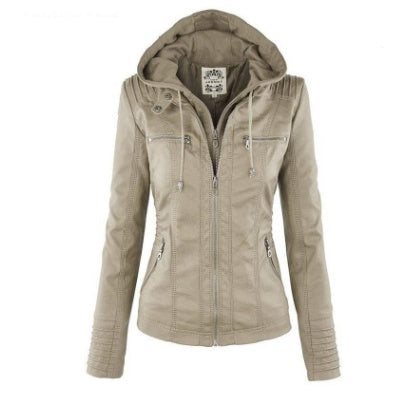 Women's black faux leather jacket removable hood modern fit practical pockets casual dressy
