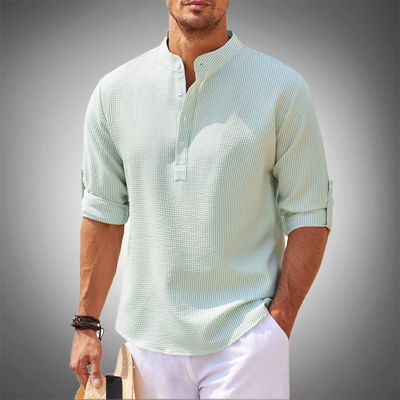 Men's relaxed fit mandarin collar shirt, long sleeve casual wear with half-button placket closure