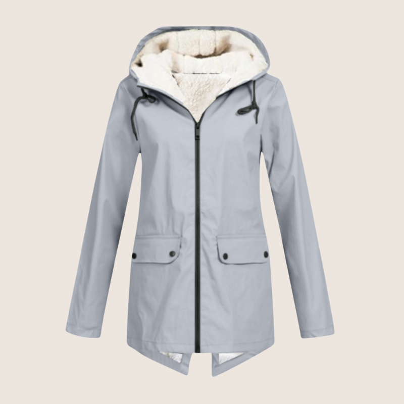 ThermaShell windproof waterproof rain jacket in neutral tone, slim fit with sealed seams protection