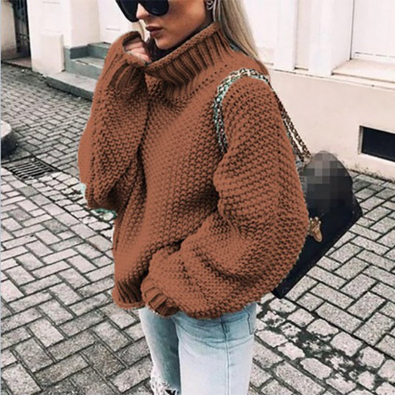 Women's chunky knit turtleneck sweater oversized relaxed fit with thick textured stitches warm cozy