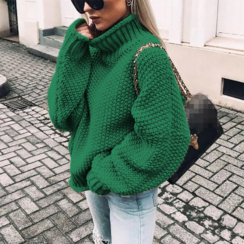 Women's chunky knit turtleneck sweater oversized relaxed fit with thick textured stitches warm cozy