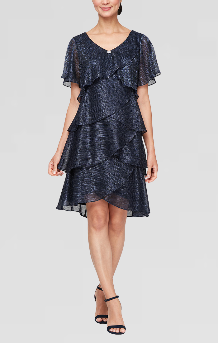 SL Fashions high-low ruffle tiered dress with V-neckline, short sleeves, metallic shimmer and jewel accents