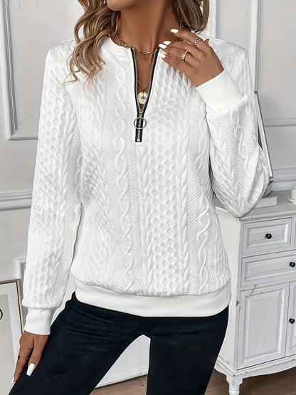 White cable knit zip-up pullover sweater, loose fit unisex half sleeve casual style