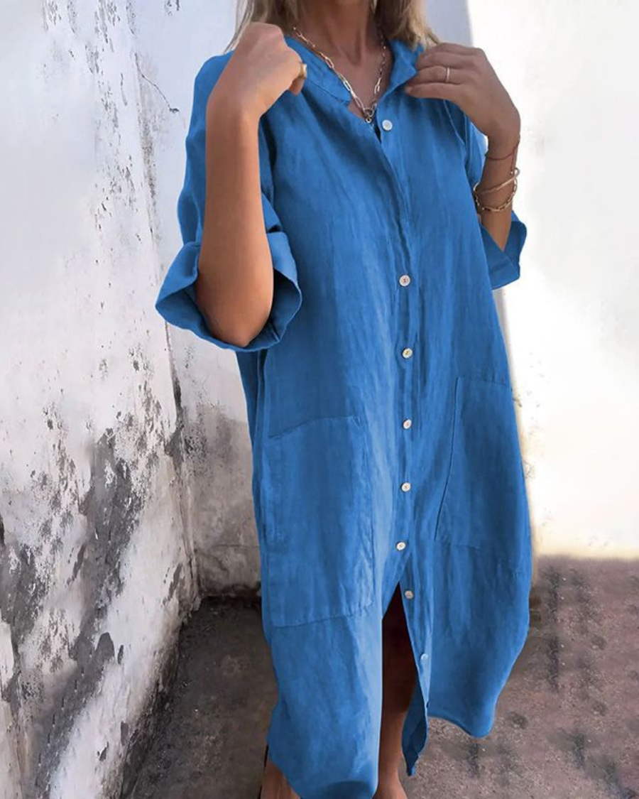 Flowy boho shirt dress in relaxed silhouette with breathable lightweight fabric and graceful drape