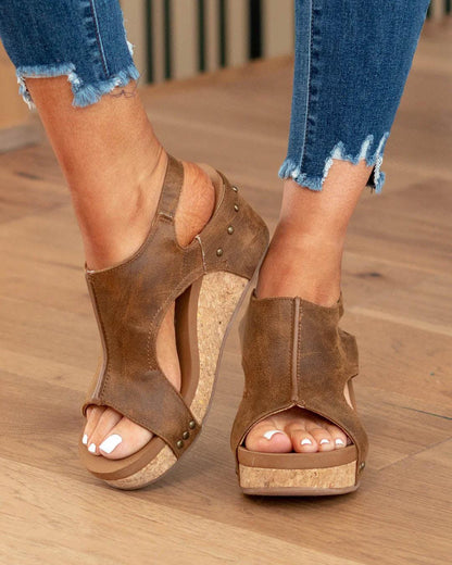 Madeline tan vegan leather wedge sandals with cork heel, polished cruelty-free style