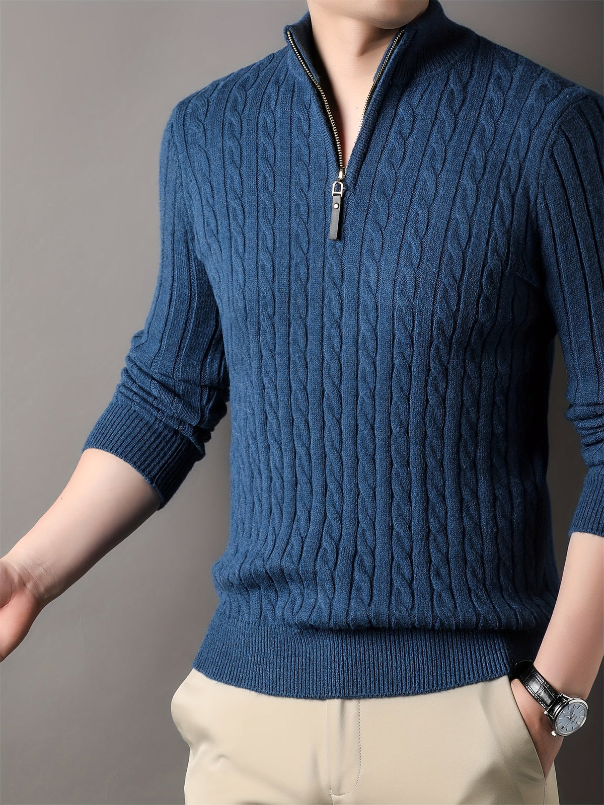 Men's ribbed cable knit half-zip winter sweater in neutral tone with structured texture