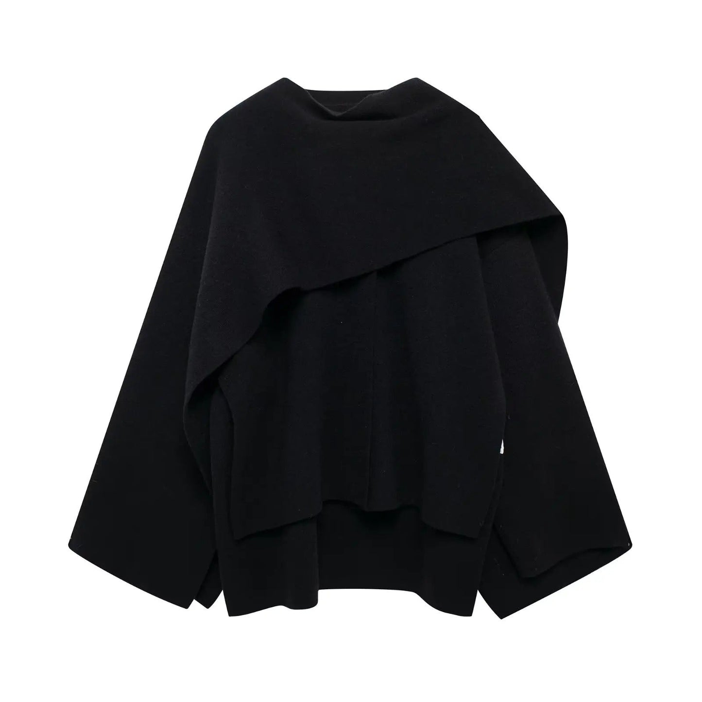 Elegant draped cape mantel in flowing silhouette with refined tailoring for versatile chic layering