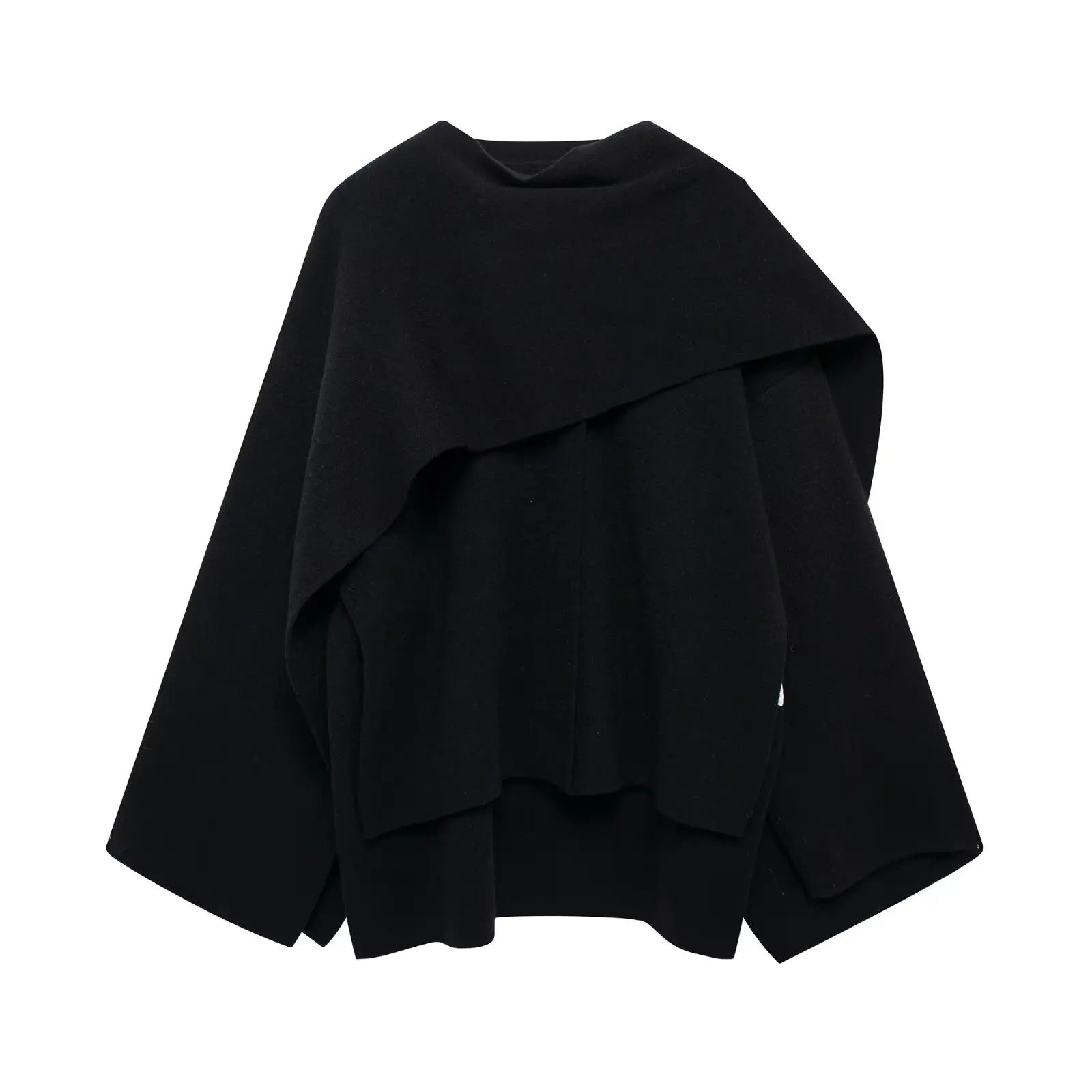 Elegant draped cape mantel in flowing silhouette with refined tailoring for versatile chic layering